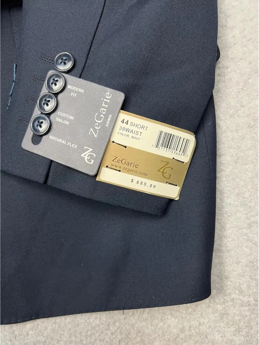 Zegarie 3 Piece 150S Wool Sport Blazer Suit Set 44S /38 Pants Modern Fit Navy